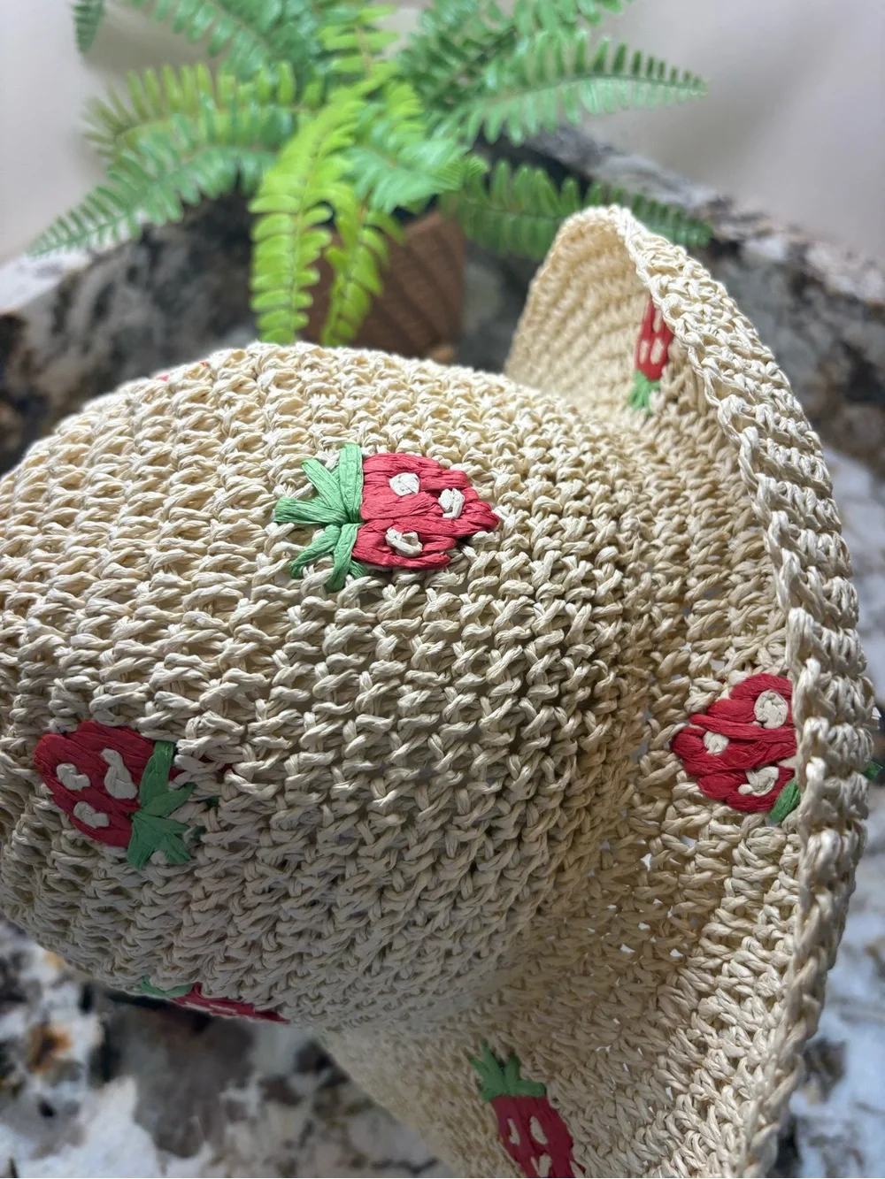 🍓 Straw Knit Bucket Hat with Red Strawberry Embroidery 🍓